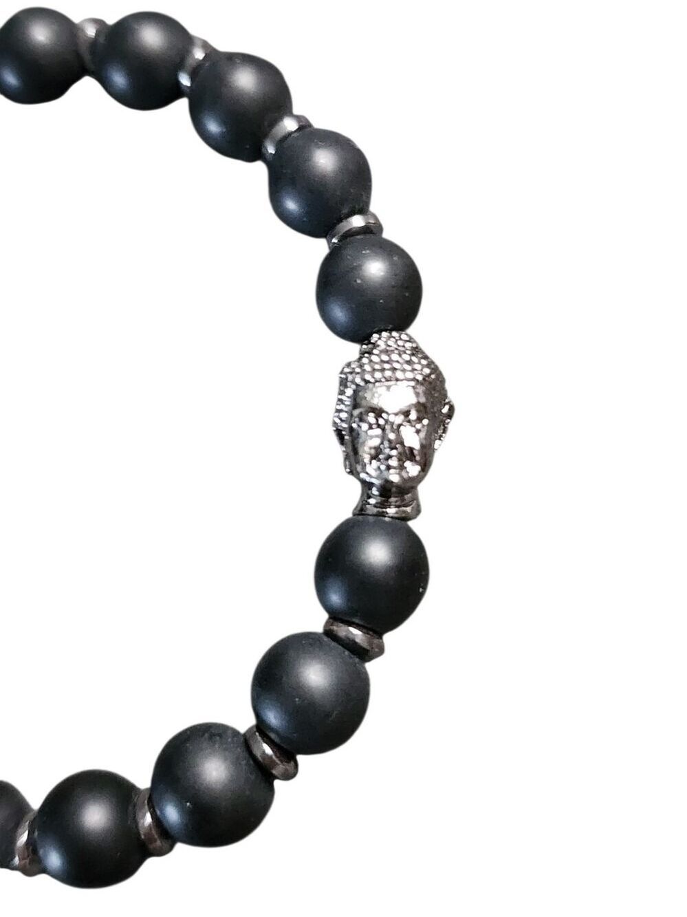 Black Beaded Bracelet Silver Buddha Charm